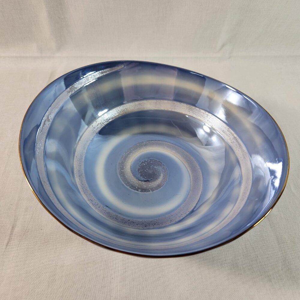 Japanese Ceramic Swirl Bowl Blue White Elongated Edge * Footed Shiny Inner Base - Picture 16 of 16